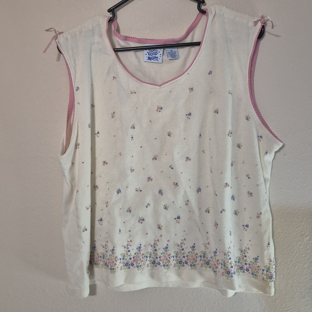 Charles Good Night Ivory Floral Tank Top with Pink Trim